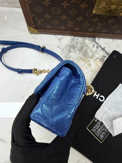 Chanel 2.55 Blue and Gold Vintage Pleated Leather Chain Bag