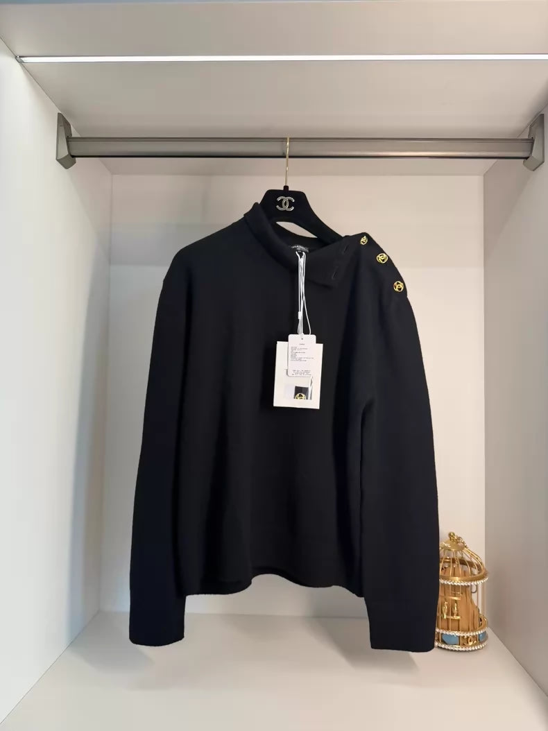 Chanel 26A black pullover sweater gold cc buttons