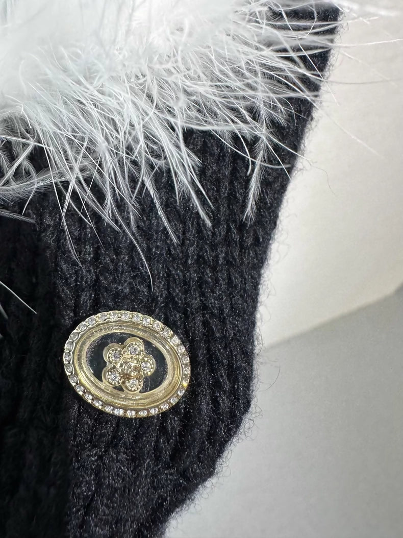 Chanel 23k black and white feather camellia knit top