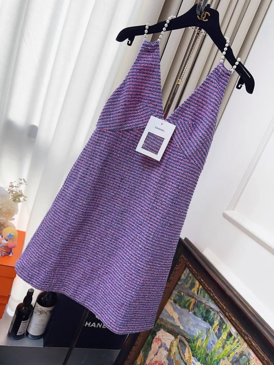 Chanel 23P purple tweed pearl dress