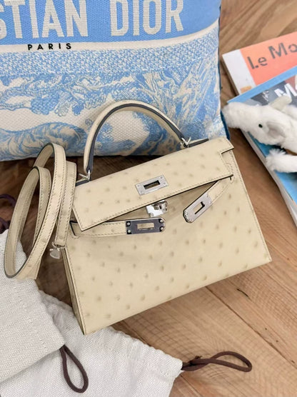 Hermes Mini Kelly 3C Wool White ostrich leather palladium hardware
