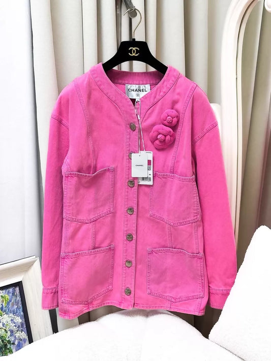 Chanel 21S fuchsia camellia denim jacket