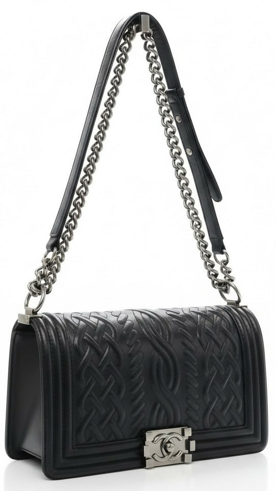 Chanel 13A Paris Edinburgh Black Lambskin Old Medium Embossed Celtic Knot Boy Flap Bag