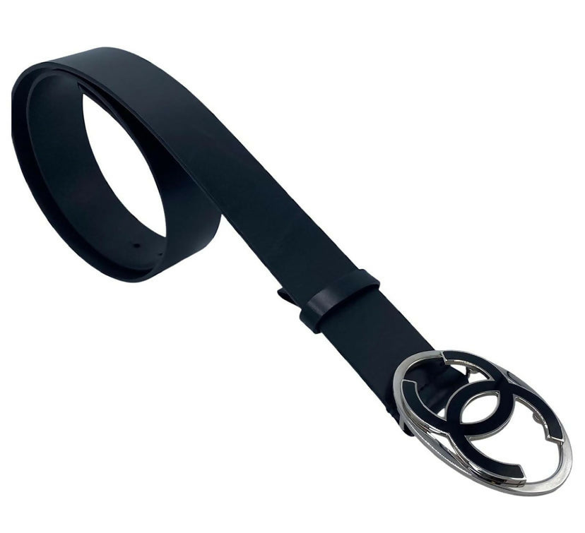 Chanel 2013 Black Silver Oval CC Leather Belt