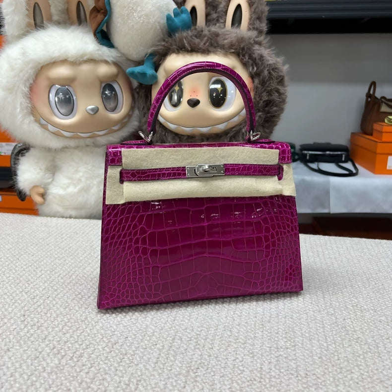 Hermes Kelly 25 L3 rose pourpre shiny crocodile leather palladium hardware