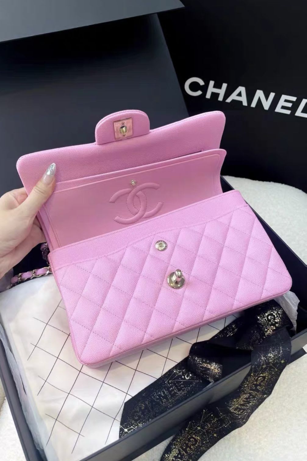 Chanel pink lychee leather small cf chain bag