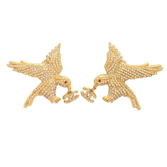 Rare Chanel Coco Eagle Metal Rhinestone Gold Earrings