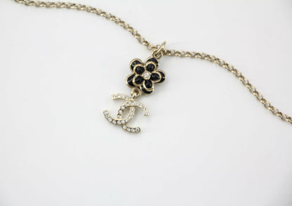 Chanel A21C Rhinestone Black Pendant Camellia Light Gold Necklace