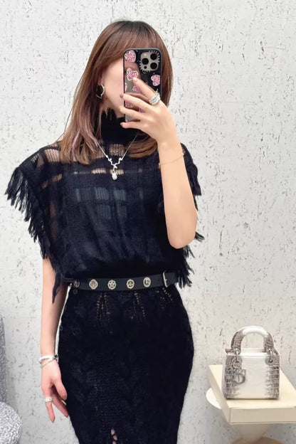 Dior black fringed plaid cape top