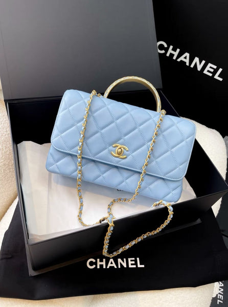 Chanel 23A Sky Blue gold hardware Chain Top Handle quilted leather