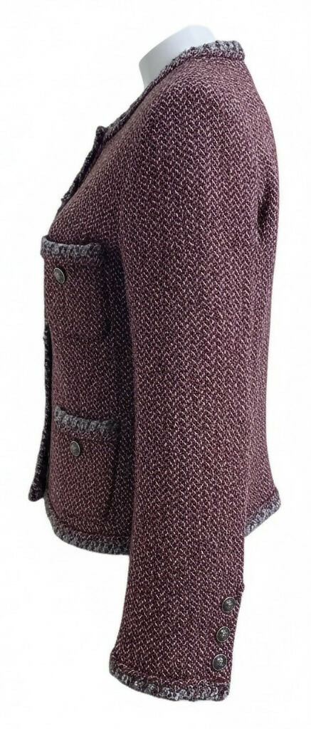 CHANEL 08A BURGUNDY GREY BRAIDED TRIM TWEED JACKET BLAZER FR 38