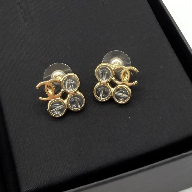 Chanel transparent bead square double C stud earrings