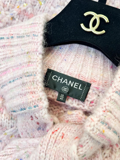 Chanel 17A colourful sequined quilted pink mixed-color cashmere knit cape coat