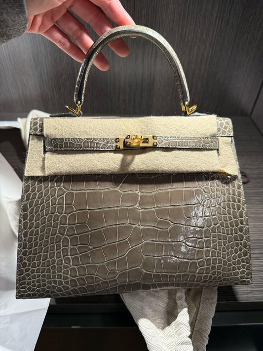 Hermes Kelly 25 Verso Gris Tourterelle / Gris Perle Shiny Alligator Gold hardware