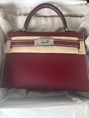 Hermes Mini Kelly 20 Rouge H / Gris Perle Chevre Palladium hardware