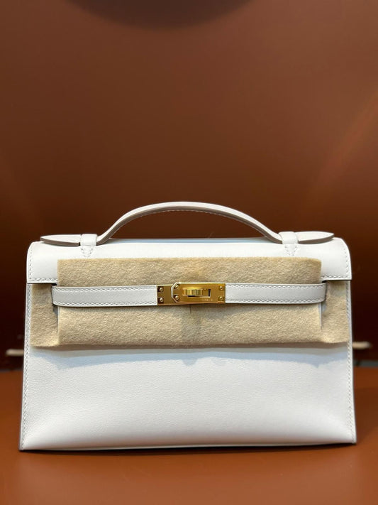 Hermes Kelly pochette Gris Pale Swift Gold hardware