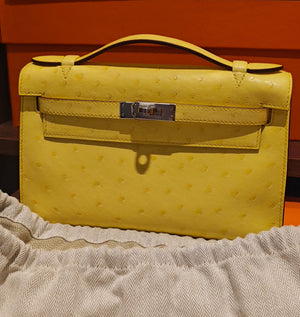 Hermes Kelly pochette Jaune citron ostrich palladium hardware