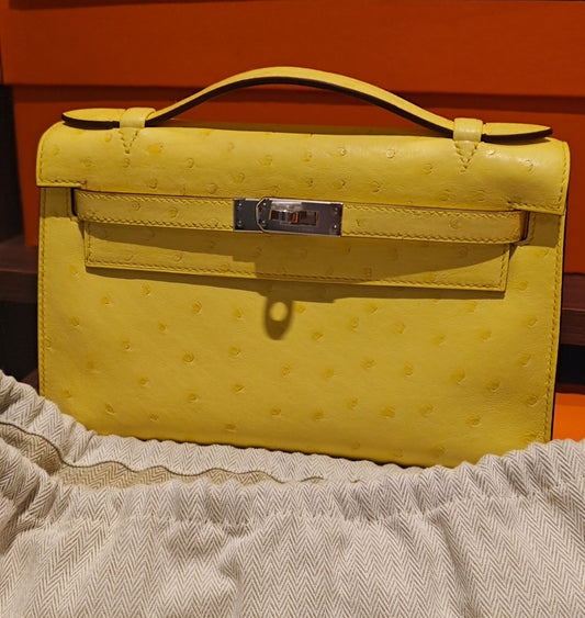Hermes Kelly pochette Jaune citron ostrich palladium hardware