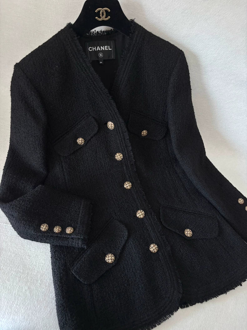 Chanel 20A Black Tweed Mid-Length Coat