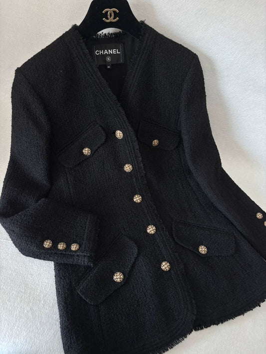 Chanel 20A Black Tweed Mid-Length Coat