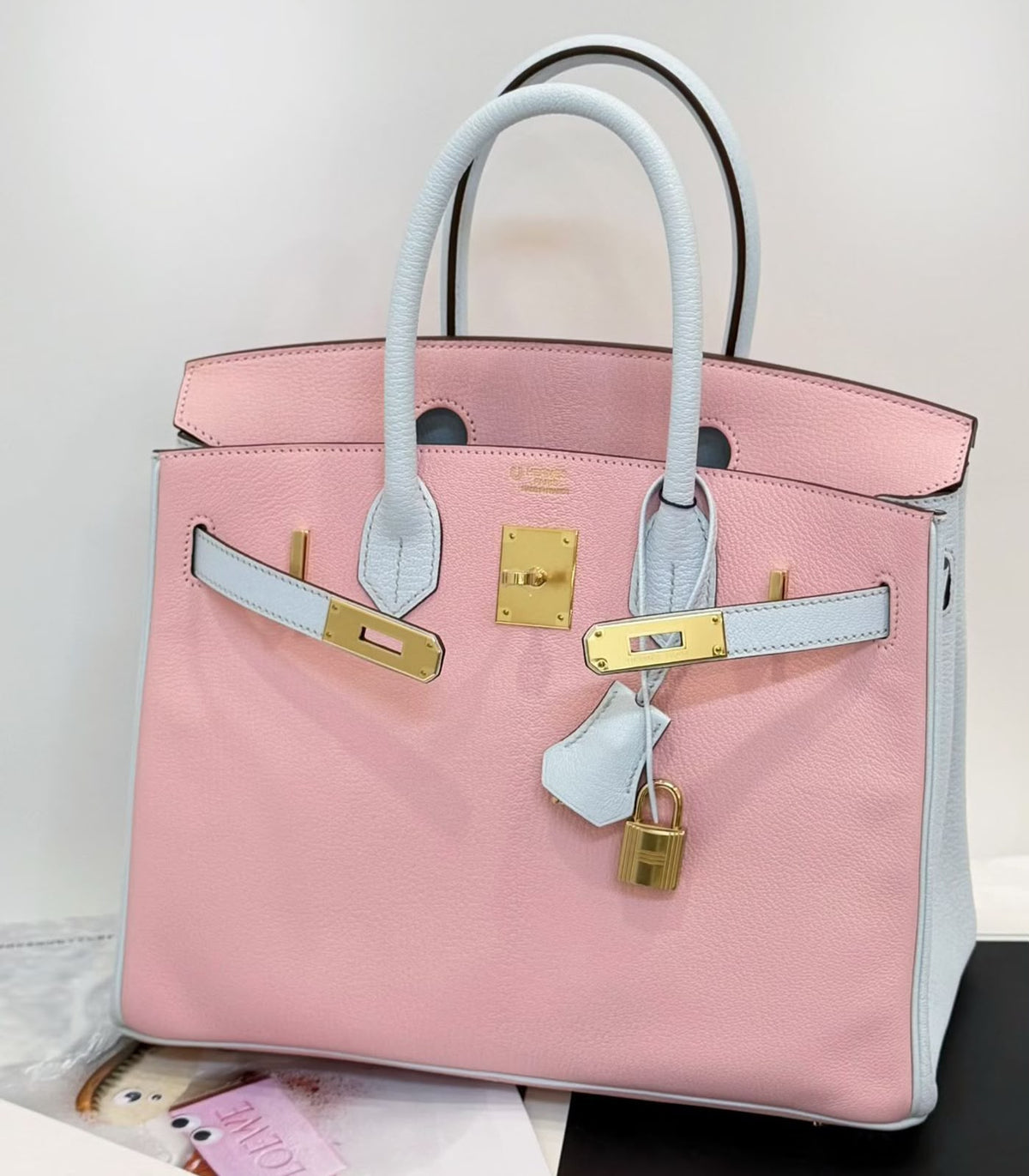 Hermes Birkin 30 HSS Bleu Brume / Rose Sakura Chevre Gold hardware