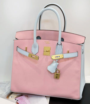 Hermes Birkin 30 HSS Bleu Brume / Rose Sakura Chevre Gold hardware