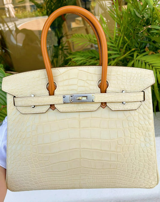 Hermes Birkin 30 vanilla matte alligator butler handle palladium hardware