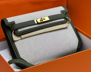 Hermes Kelly Depeches Olive Togo & Ecru Toile Gold hardware