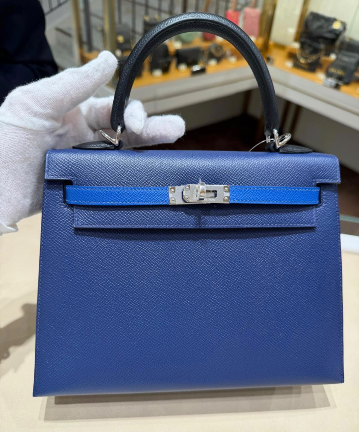 Hermes Kelly 25 Tricolor Bleu Saphir/Black/Bleu France Epsom Palladium hardware