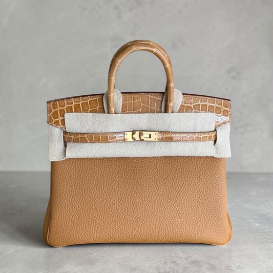 Hermes Birkin 25 Touch Caramel Togo & Tabac Shiny Niloticus Gold hardware