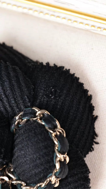 Chanel 23B Black and Gold Leather Camellia Brooch with Chain