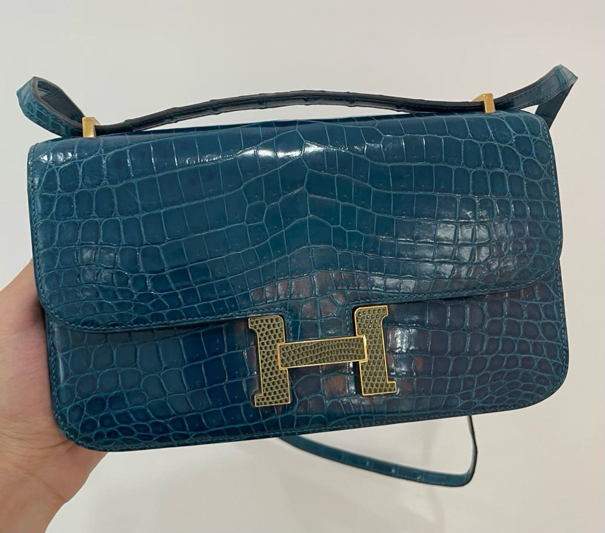 Hermes Constance Elan Bleu Colvert Shiny Niloticus & Ombre Lizard Gold hardware
