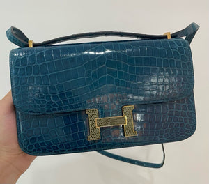 Hermes Constance Elan Bleu Colvert Shiny Niloticus & Ombre Lizard Gold hardware