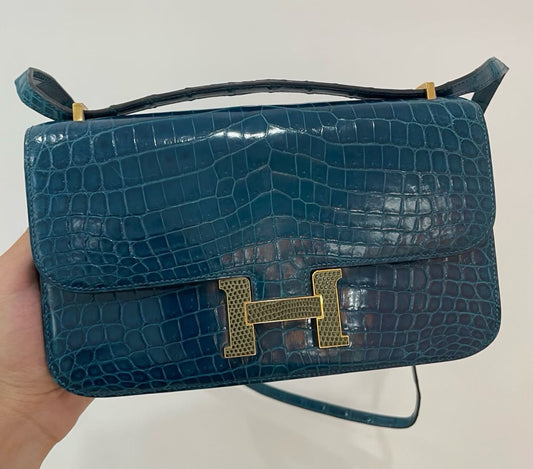 Hermes Constance Elan Bleu Colvert Shiny Niloticus & Ombre Lizard Gold hardware