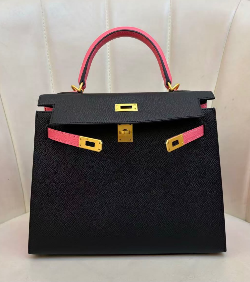 Hermes Kelly 25 HSS black x rose lipstick epsom brused gold hardware