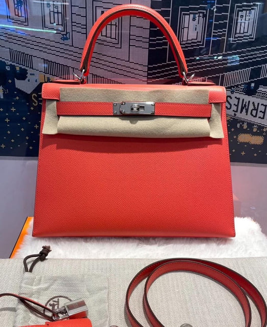 Hermes Kelly 28 Rose Jaipur Epsom Palladium hardware