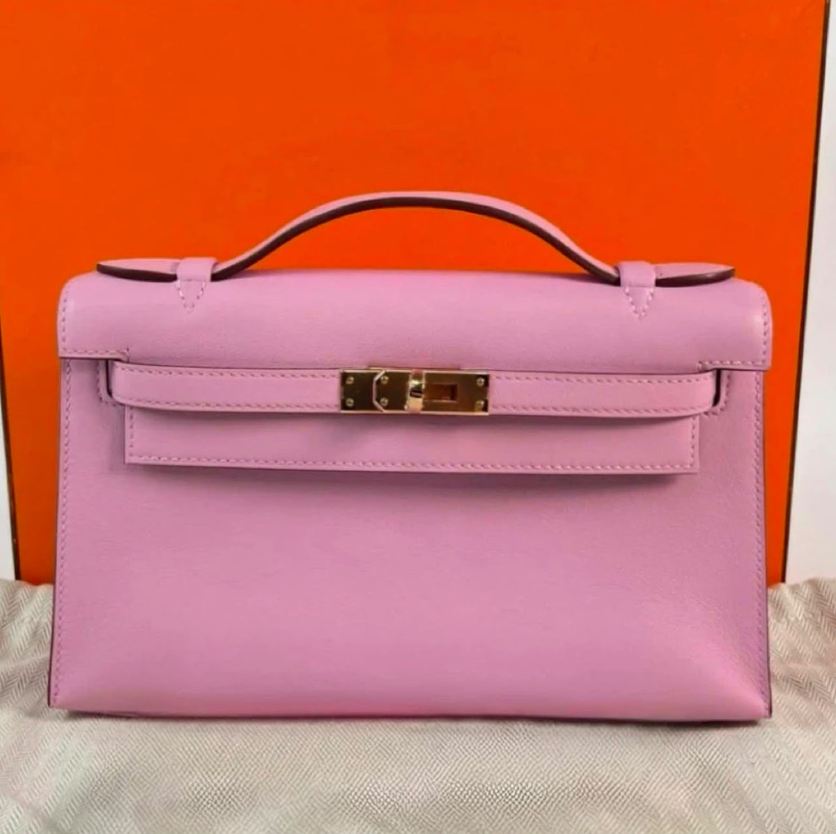 Hermes Kelly pochette  Mauve Sylvestre Swift Rose gold hardware