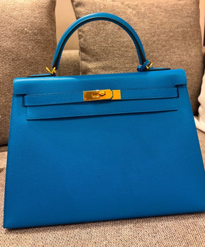 Hermes Kelly 32 Bleu Zanzibar Epsom Gold hardware