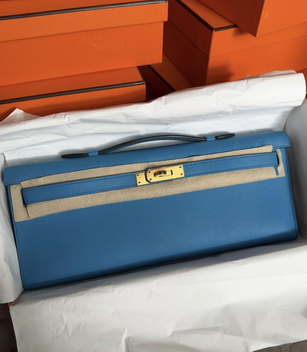 Hermes Kelly cut Blue Zanzibar Swift Gold hardware