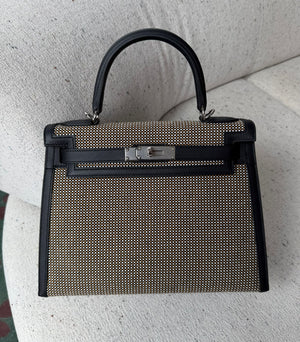 Hermes Kelly 28 toile quadrille black palladium hardware