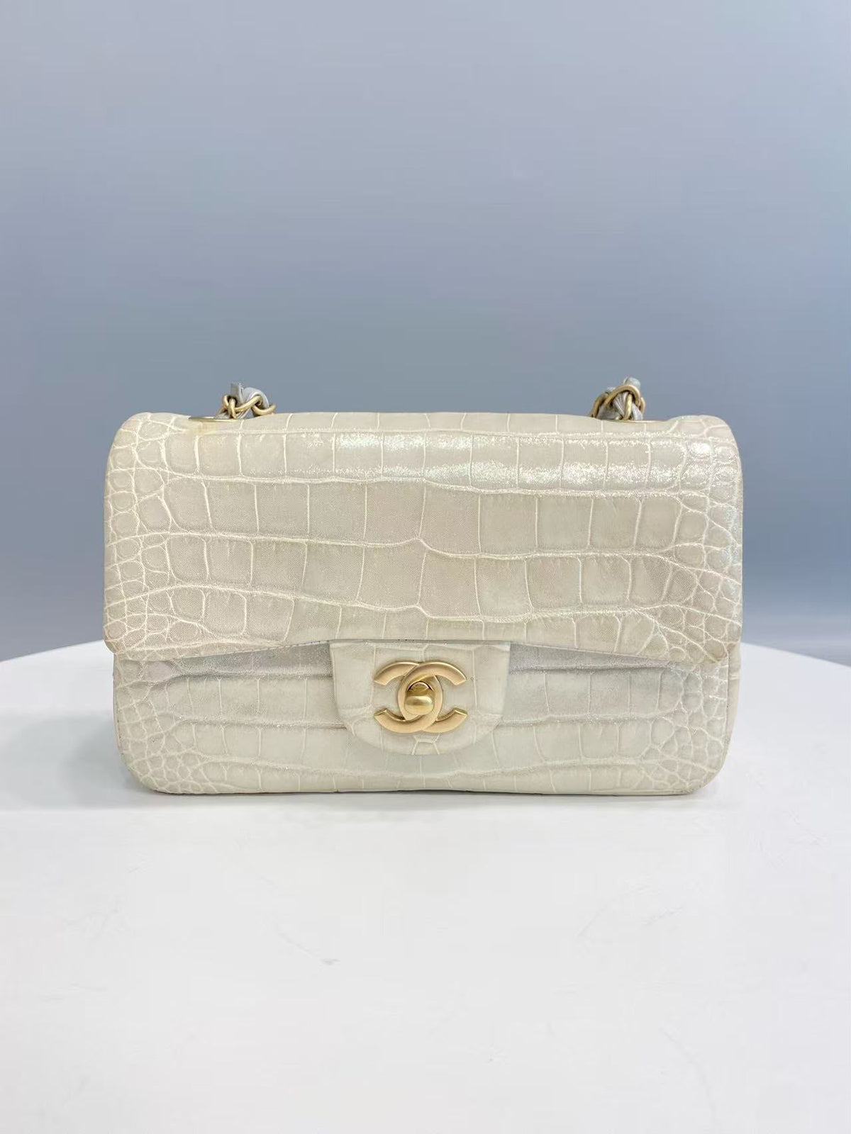 Chanel mini flap in silver alligator brushed gold hardware