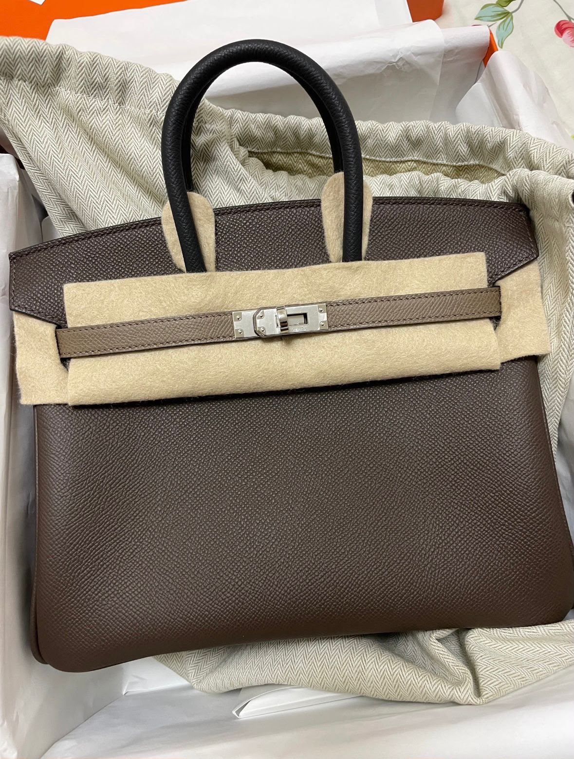 Hermes Birkin 25 Tricolor Ecorce/Etoupe/Black Epsom Palladium hardware