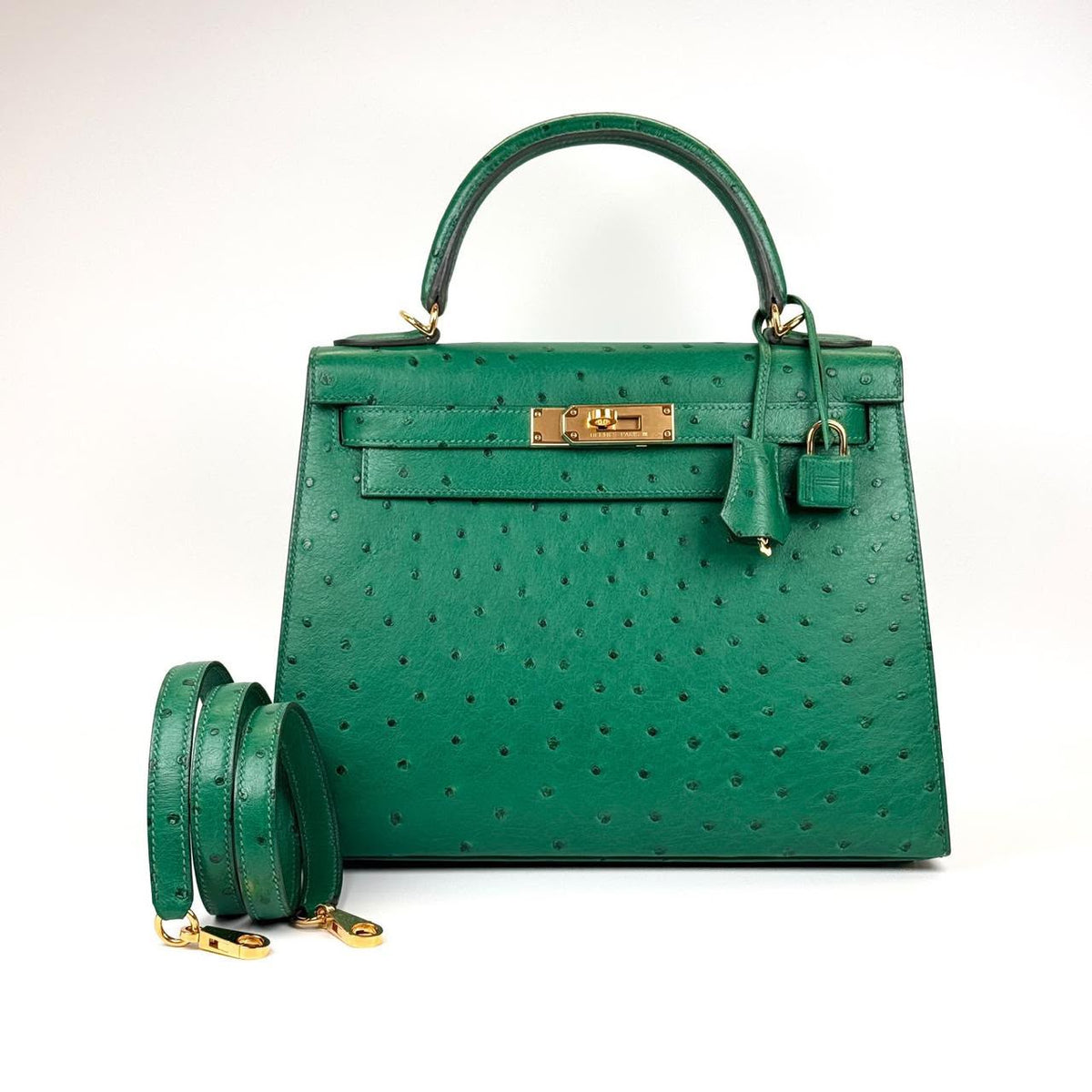 Hermes Kelly 28 Vert Vertigo Ostrich gold hardware