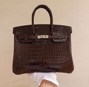 Hermes Birkin 25 Rouge Sellier Shiny Porosus Palladium hardware
