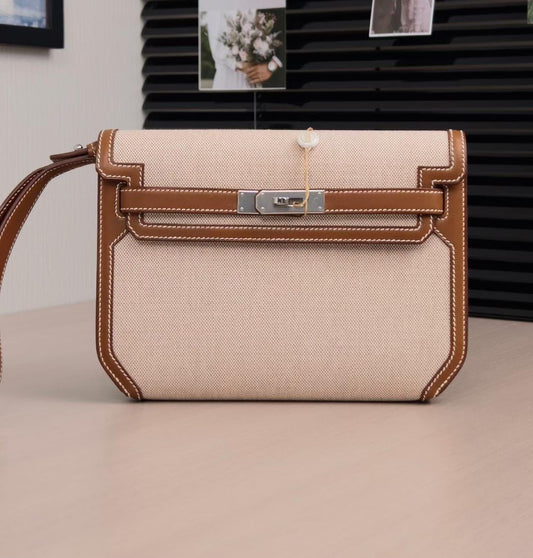 Hermes Kelly Depeches Fauve Barenia & Ecru Toile Palladium hardware