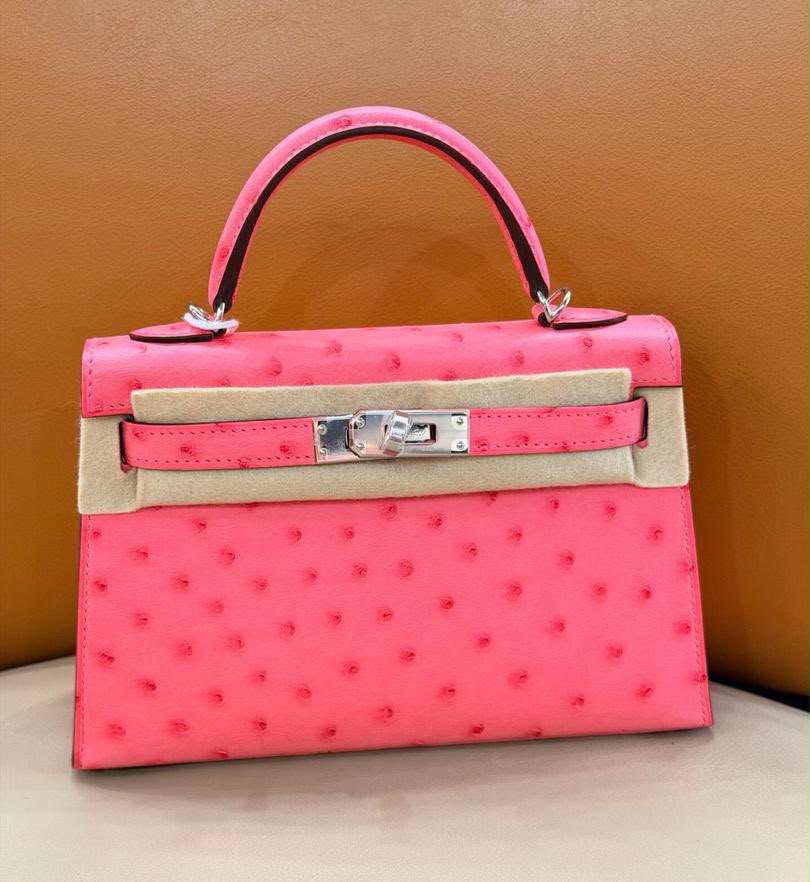 Hermes mini Kelly 20 azalea ostrich palladium hardware