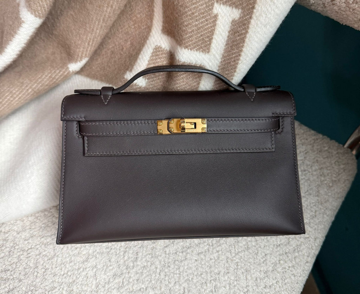 Hermes Kelly pochette Bai brun swift gold hardware