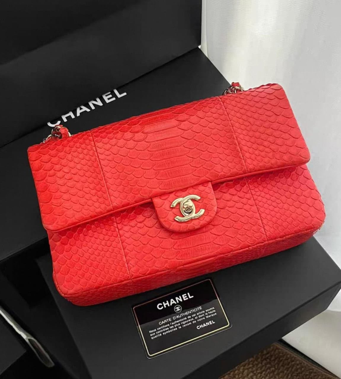Chanel classic flap medium red serpent Gold hardware