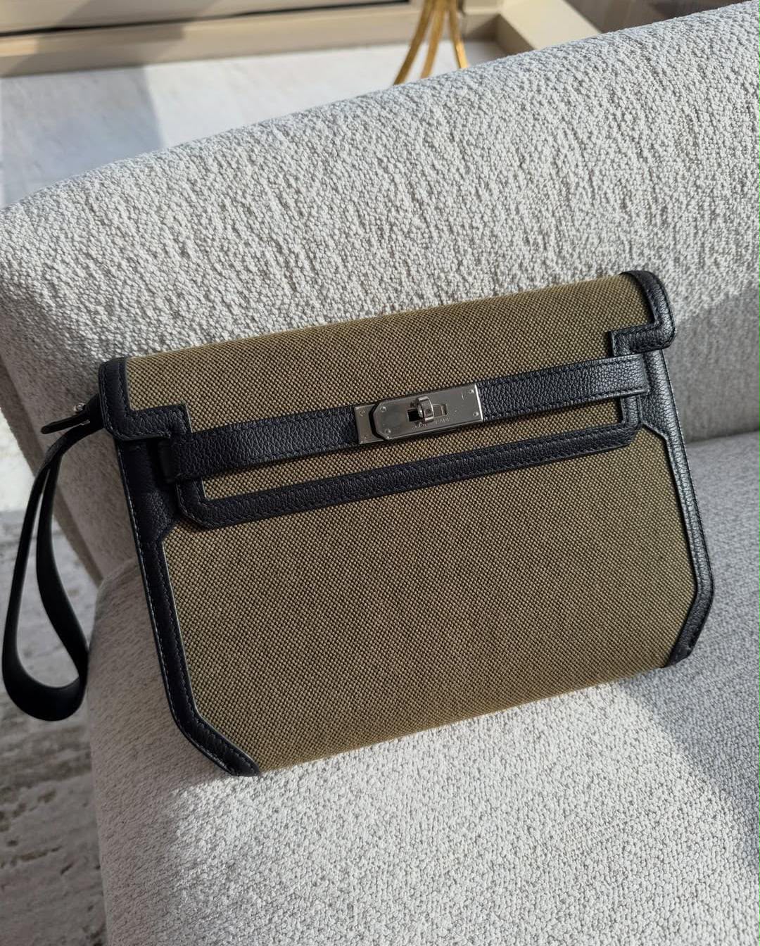 Hermes Kelly Depeches Black Togo / Toile  Palladium hardware