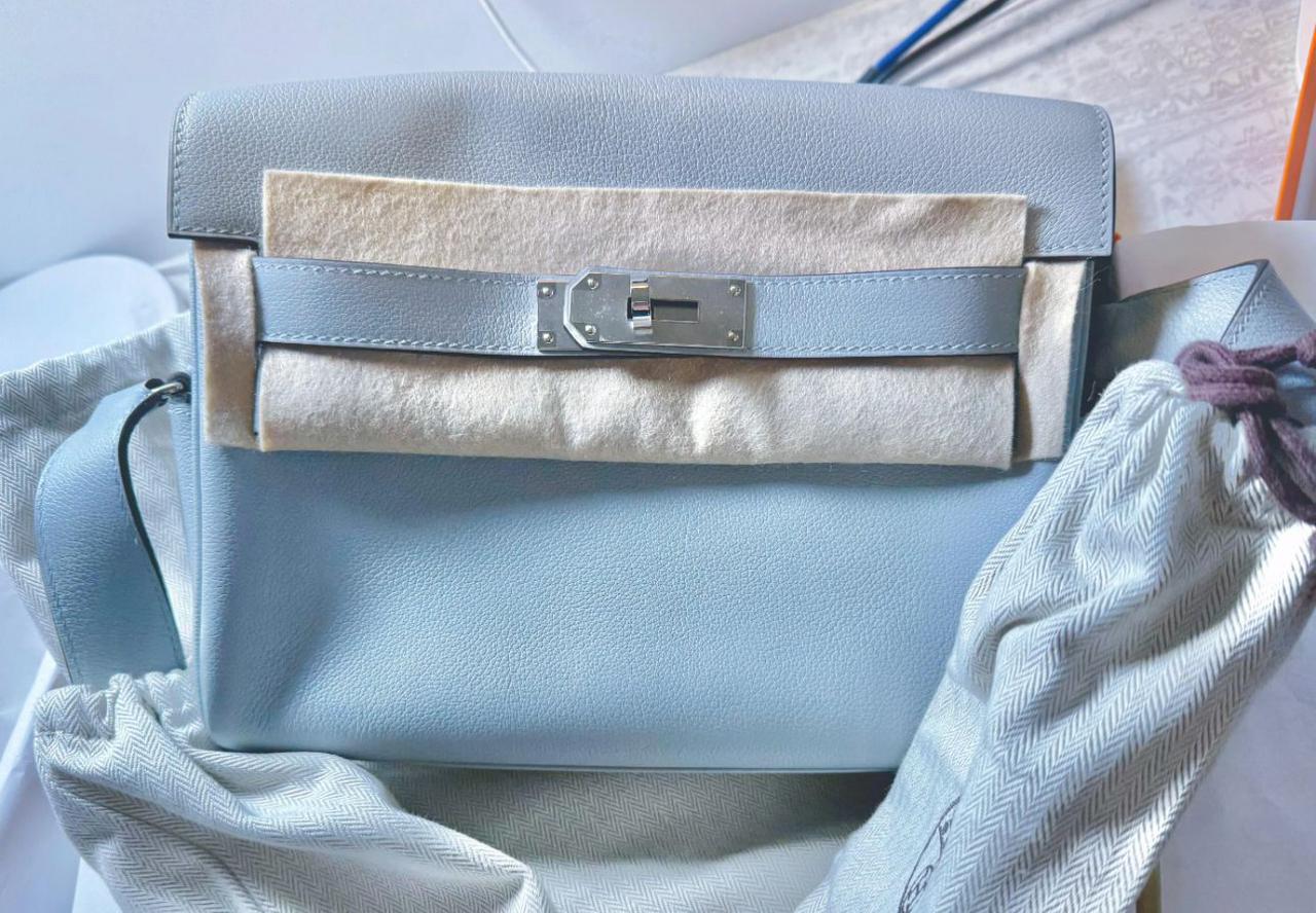 Hermes Kelly Messenger Bleu Glacier Evercolor Palladium hardware